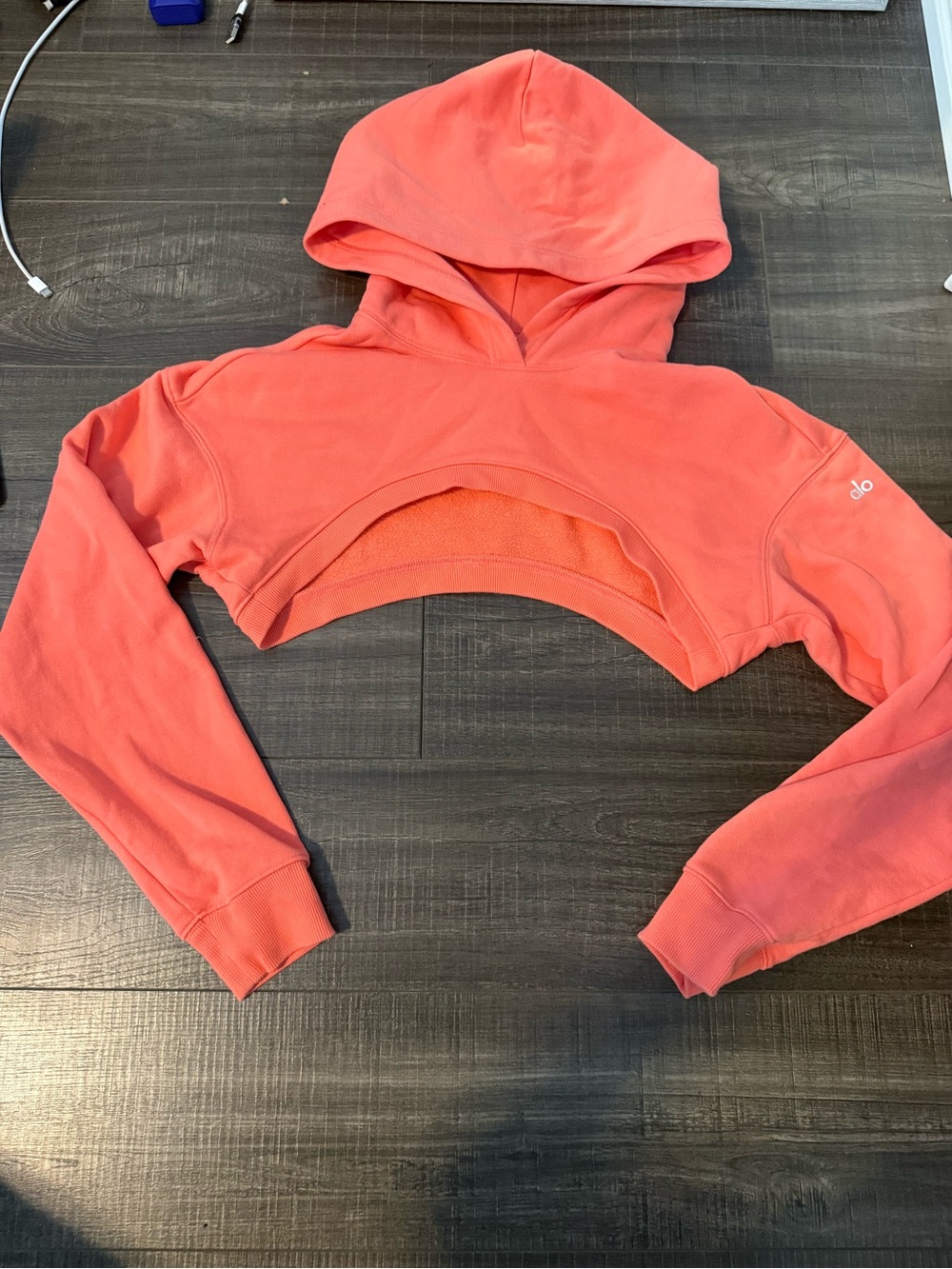 ALO Yoga Cropped Off-the-Shoulder Hoodie in Coral